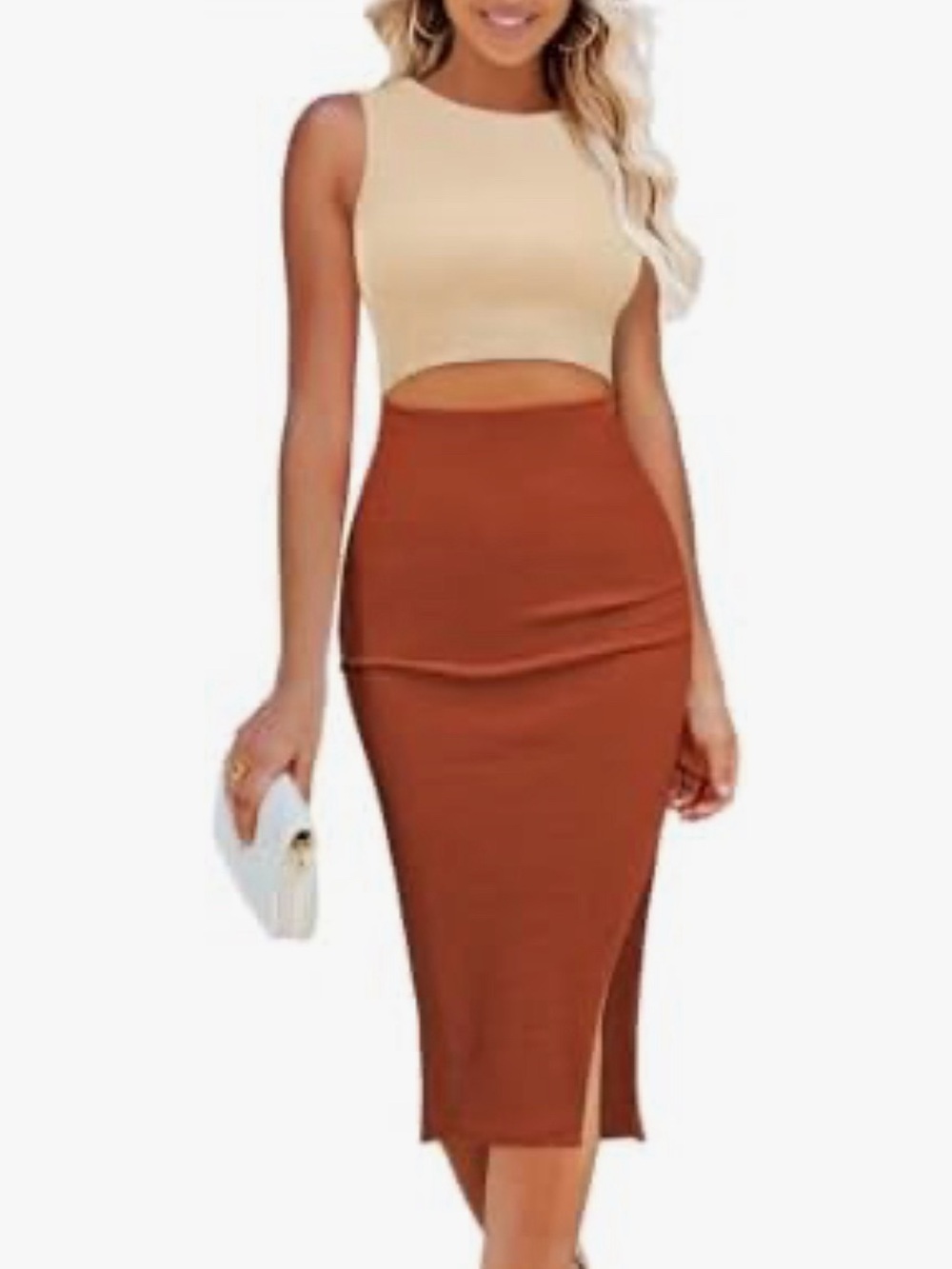 Women's Crew Neck Sleeveless Cutout Side Slit Knee Length Bodycon Knit Dress